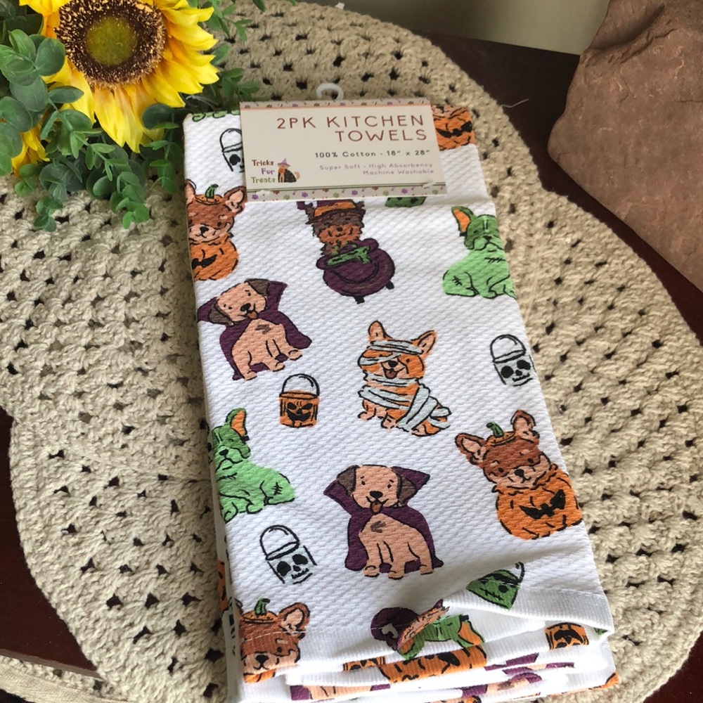 2PK Halloween Dogs Kitchen Towels - White with Orange, Green & Purple